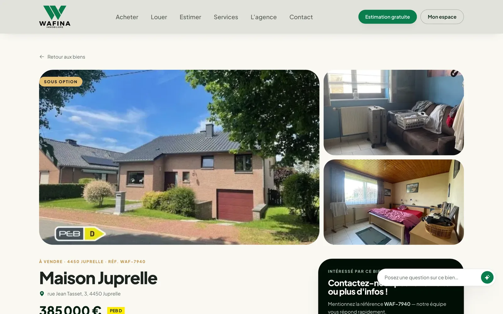 On a property page, the assistant answers about that property: “Ask a question about this listing.”